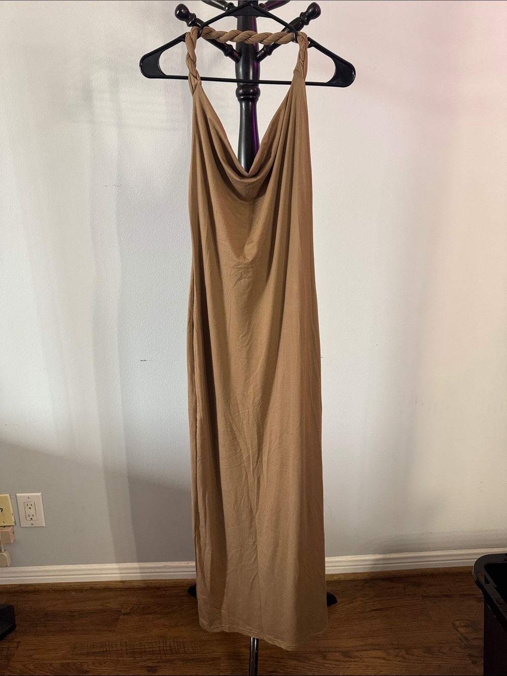 Braided-Strap Cowl Neck Maxi Dress in Camel